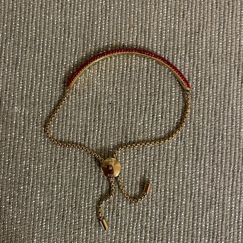 Michael Kors Adjustable Fuchsia Rhinestone Gold and Red Bracelet - Picture 7 of 11